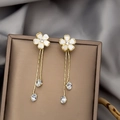 Elegant gold flower tassel earrings with white petals and sparkling crystals for women - Gold Five-petal Flower Tassel