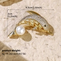 Elegant gold dolphin brooch with sparkling zircon crystals and a large white pearl bead - Gold Dolphin Pearl (BRS-J432G)