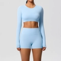 Detail view of light blue fitness set with long sleeve crop top and matching shorts - S / Top And Bottom / Sky Blue