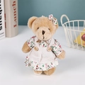 Portachiavi orsetto di peluche marrone chiaro con vestito floreale rosso e verde - Orso Femmina con Fiocco Floreale / 11cm