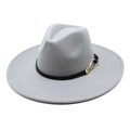 Close-up of a grey wool fedora hat featuring a black leather band and golden U-shaped buckle - M (56-58cm) / Light Gray