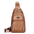 Men's brown PU leather crossbody chest bag featuring multiple zippers and earphone port - 924 Yellow