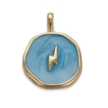 Golden round pendant with light blue enamel and central lightning bolt motif - Round Blue Enamel with Gold Lightning (CX148-10)