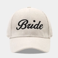 Close-up of Bride black embroidery on beige corduroy wedding baseball cap texture - Adjustable / Bride White