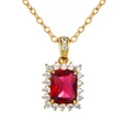 Elegant gold finish necklace with rectangular red gemstone and clear zircon halo pendant - Pendant (Without Chain) / 24K Gold Plated Ruby Red