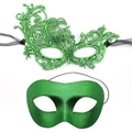 Elegant emerald green lace and satin masquerade half-face masks for party dress-up - Green Set (PVC Zorro + Phoenix Lace)