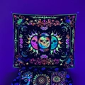 Detail of UV reactive tapestry featuring neon skull, butterfly, and moon on a purple wall - Skull Butterfly Fluorescent