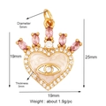 Pink heart evil eye charm in gold with white enamel and product dimension details - Crown Heart Evil Eye White Large