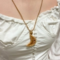 Detail of bohemian moon pendant woven necklace with wooden bead on white dress - Khaki Woven Moon Wood Bead Necklace (DZ-202)
