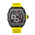 Men's yellow silicone strap watch with black tonneau skeleton dial and sport styling - Gift Box / Yellow