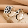 Vintage silver adjustable rings featuring black enamel and white pearl bow decorations - Vintage Pearl Flower Ring Set (6482)