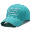 Lake blue washed baseball cap with white wake up embroidery and floral pattern - Lake Blue