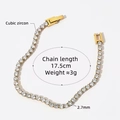 Detail view of 2.7mm gold tennis bracelet with cubic zircon stones and size specs - Gold White Zircon Bracelet (SD772)
