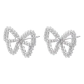 Detailed view of silver bow-shaped stud earrings with inlaid white pearls on white background - VE1442 Silver