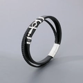 Multilayer black woven leather bracelet with silver Ankh cross and magnetic clasp - Steel Color (KB180738-JR)