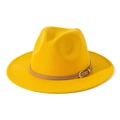 Detail of a bright yellow fedora hat with a brown leather belt strap and gold buckle - M(56-58cm) / Yellow + Light Khaki Belt