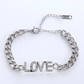 Pulsera de cadena cubana de acero inoxidable plateada con colgante LOVE de diamantes - Color Acero
