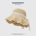 Cappello da sole in paglia beige da donna con nastro in pizzo e bordo smerlato - Cappello di Paglia con Fiocco in Pizzo a Stelle Beige