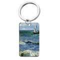 Vintage impressionist sailboat oil painting keychain with rectangular steel pendant - Seascape with Sailboat (YH-12) / 5x2.8