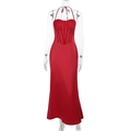 Detail of red backless halter dress with corset boning and sheer lace panels - S / Red