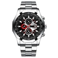 Silver stainless steel sports watch with black chronograph dial and date display - Silver and Black