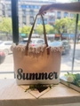 Grand sac cabas tressé beige à franges avec imprimé Summer noir et anses marron - Kaki