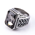 Silver stainless steel ring with large square grey gemstone and vintage carving details - US 7 / Retro Steel Base Grey Gemstone