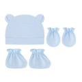Ensemble bébé en coton bleu clair avec bonnet à oreilles et moufles assorties - Rose bonbon