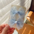 Pair of light blue mesh bow hair clips with silver glitter on white display card - Blue Mesh Pair