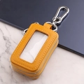 Yellow genuine leather key case with double zipper, transparent window, and metal hook - With Transparent Window / Yellow