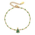 Detail of gold stainless steel Christmas tree charm bracelet with green beads and clasp - Grass Green