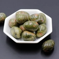Polished egg-shaped natural green moss agate stones with orange spots for Easter decor - Unakite (1pc)