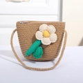 Mini Stroh-Umhängetasche für Kinder mit weißer 3D-Strickblume und Reißverschluss - Khaki mit Einzelblattblume