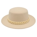 Classic beige flat top wool felt boater hat featuring a large chunky acrylic chain decoration - Beige With Natural Acrylic Chain