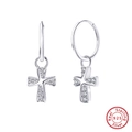 S925 sterling silver hoop earrings with cubic zirconia cross pendants in silver finish - Cross Dangle Hoop / Silver Cross Drop (SE381-P)