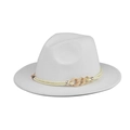 Elegant white wool fedora hat with decorative beige cord and gold chain link buckle - Adult 56-60cm / White With Gold Chain