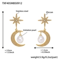 Detailed size view of moon and star drop earrings with crystals and imitation pearls - Gold Star Moon Pearl Earrings (TXF405)