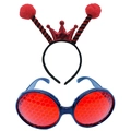 Detail von rotem Kronen-Antennen-Stirnband und blauer Wabenbrille für Party-Kostüm-Sets - Rotes Marienkäfer-Kronen-Set (Stirnband + Brille)