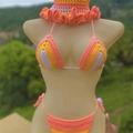 Handmade crochet bikini set featuring vibrant orange, yellow and white stripes - Adult Free Size / Orange Pink (Hat, Bikini)