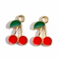 Red enamel cherry pendants with green leaves and gold frame for DIY jewelry - Small Cherry