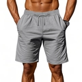 Detail of grey men's casual linen shorts featuring a drawstring waist and side pockets - Medium Grey