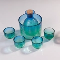 Japanese hammered peacock blue glass sake set with carafe, ice bucket, and four cups - Peacock Blue Set (1 Pot 4 Cups 1 Tank)