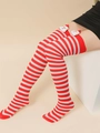 Christmas thigh high socks with red and white stripes and plush Santa Claus decor - Red White Striped Socks with Santa Doll