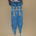 Macro detail of blue crystal fringe drop earrings with sparkling geometric square design - 37# Blue Double Layer Square Rhinestone Tassel Style