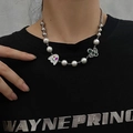Street-style beaded pearl necklace with silver accents and cute ghost and cactus charms - Ghost Butterfly Pearl (33#)