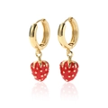 Close-up of strawberry drop earrings with gold metal hoops and glossy red enamel finish - Small Strawberry B