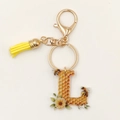 Detail of letter L acrylic keychain with honeybee hive pattern and yellow tassel - Letter L