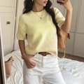 Women casual short sleeve knit sweater in yellow paired with white pants and brown belt - S / Yellow