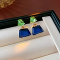 Elegant gold geometric earrings with green and blue gemstones in a white leather box - 14# Steel Pin Geometric Rhinestone Trapezoid Stud Earrings