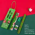 Green 5-in-1 Christmas stationery set featuring HB pencils and festive ruler and eraser - Christmas Handheld 5-Piece Set - Green